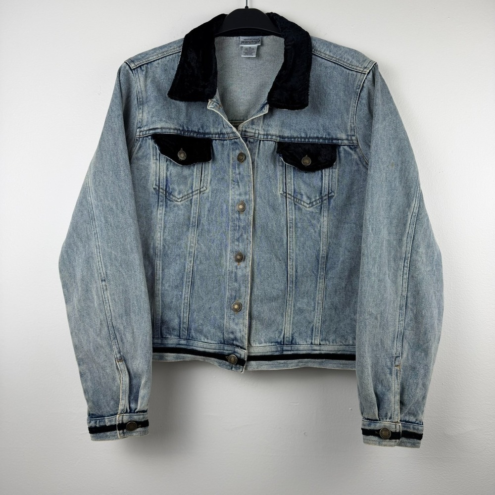 Newport News Jeanology Jacket Women 16 Denim Velvet Trim Button Up Y2K country